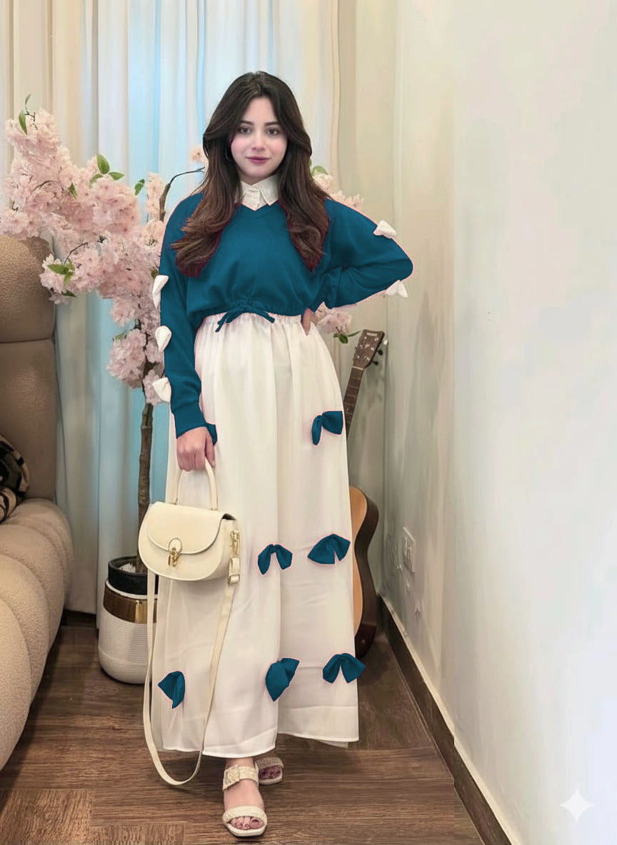 Premium Georgette 2 Piece Maxi – V Neck Bow Top with Contrast Bow Flare Maxi