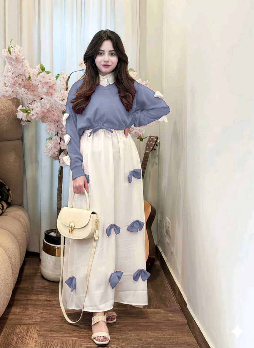 Premium Georgette 2 Piece Maxi – V Neck Bow Top with Contrast Bow Flare Maxi