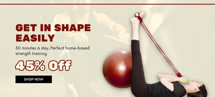 Advertisement for home-based strength training with a woman using resistance bands and text promoting a discount.