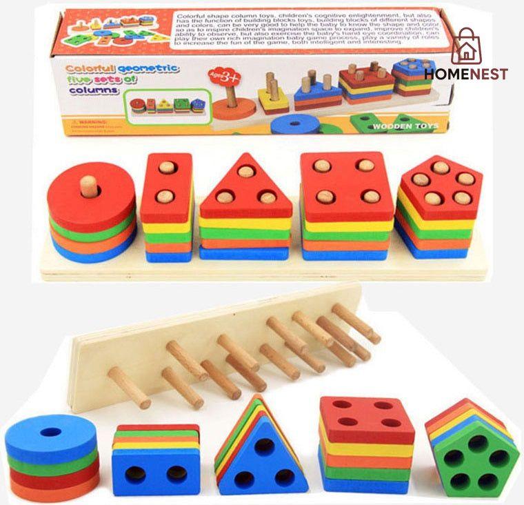 Geometrical Shape Sorting Block Puzzles Five Set Of Columns Wooden