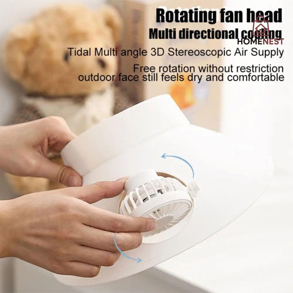SOLAR AND RECHARGEABLE ROTATING HAT FAN