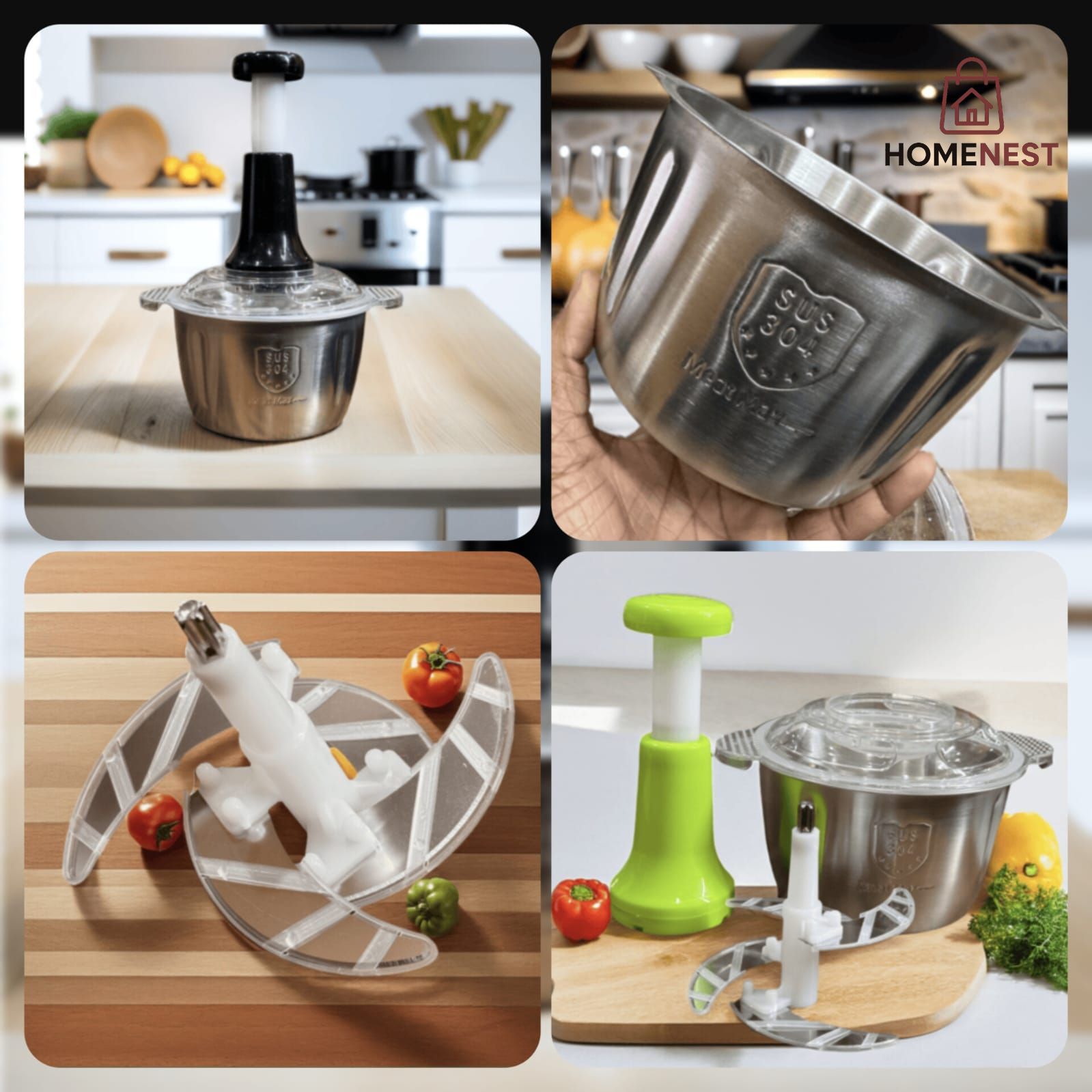 2.0Litre 4 Blades "Premium Quality" Meat and Vegetable Push Chopper with Stainless Steel Bowl