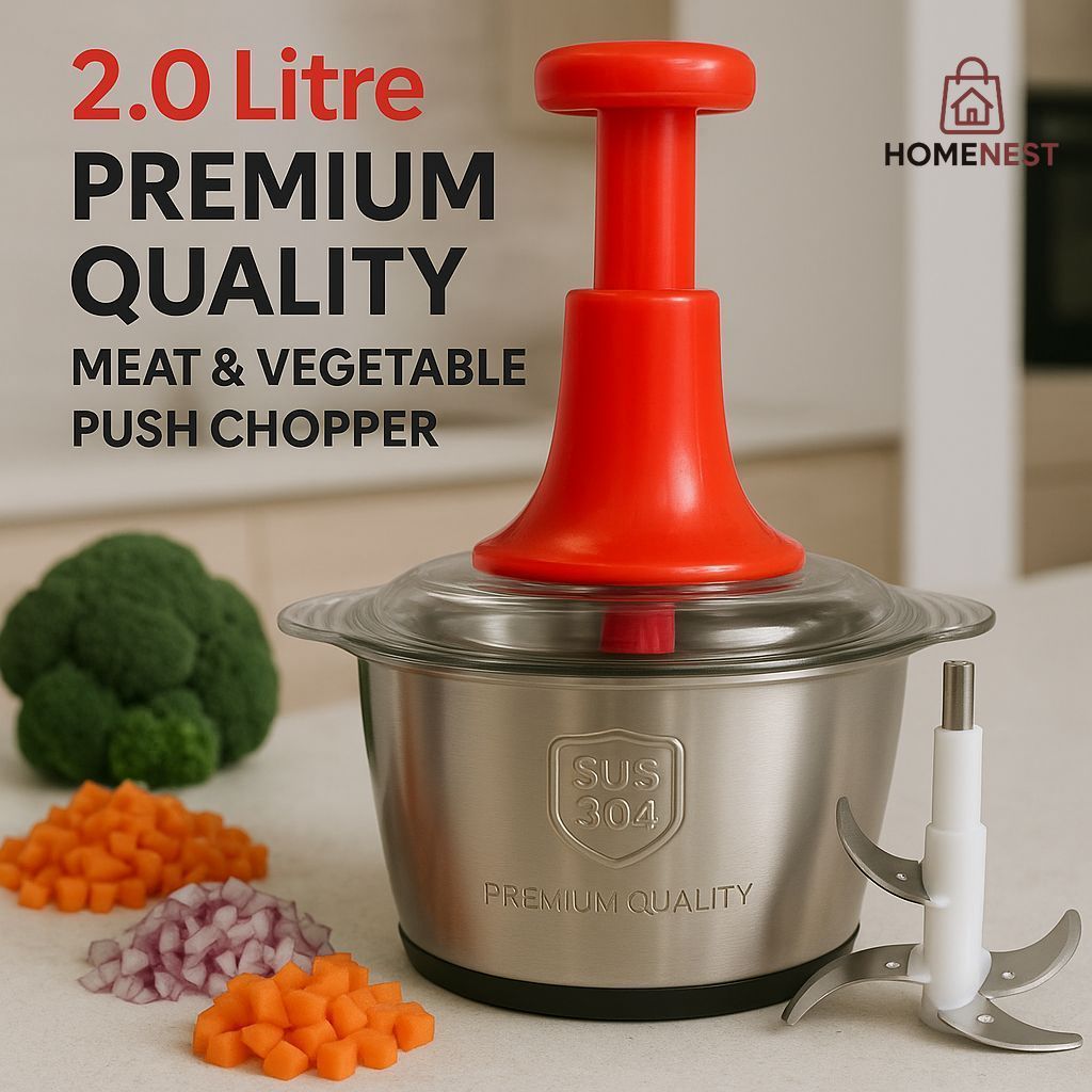 2.0Litre 4 Blades "Premium Quality" Meat and Vegetable Push Chopper with Stainless Steel Bowl
