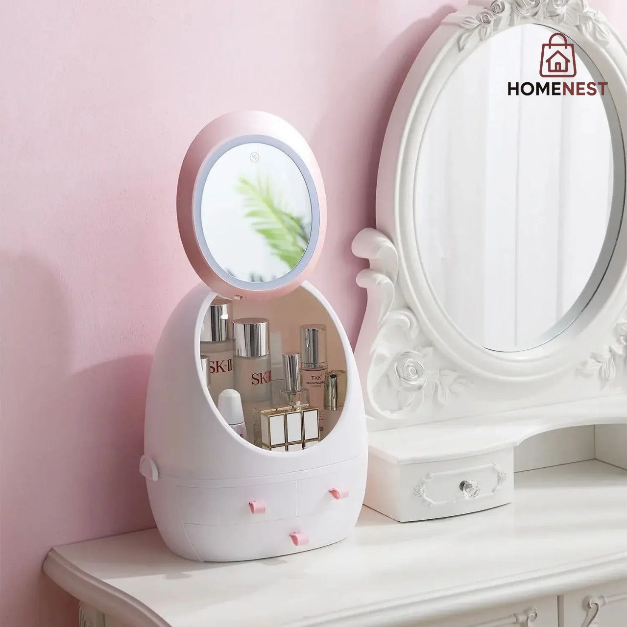Oval Mirror Cosmetic Storage Organizer With LCD Light