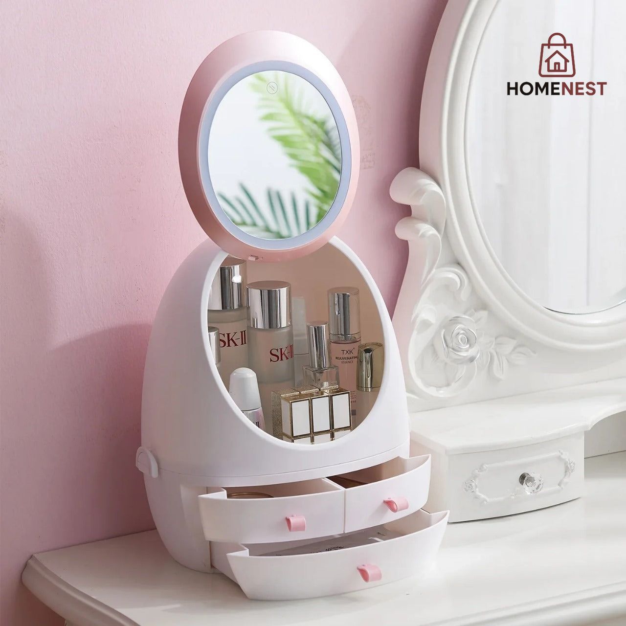 Oval Mirror Cosmetic Storage Organizer With LCD Light