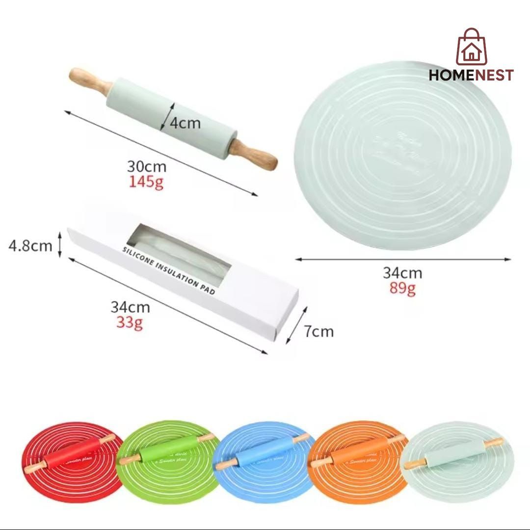 Silicone Dough Mat Rolling Pin Set (Random Colours) Box Packing