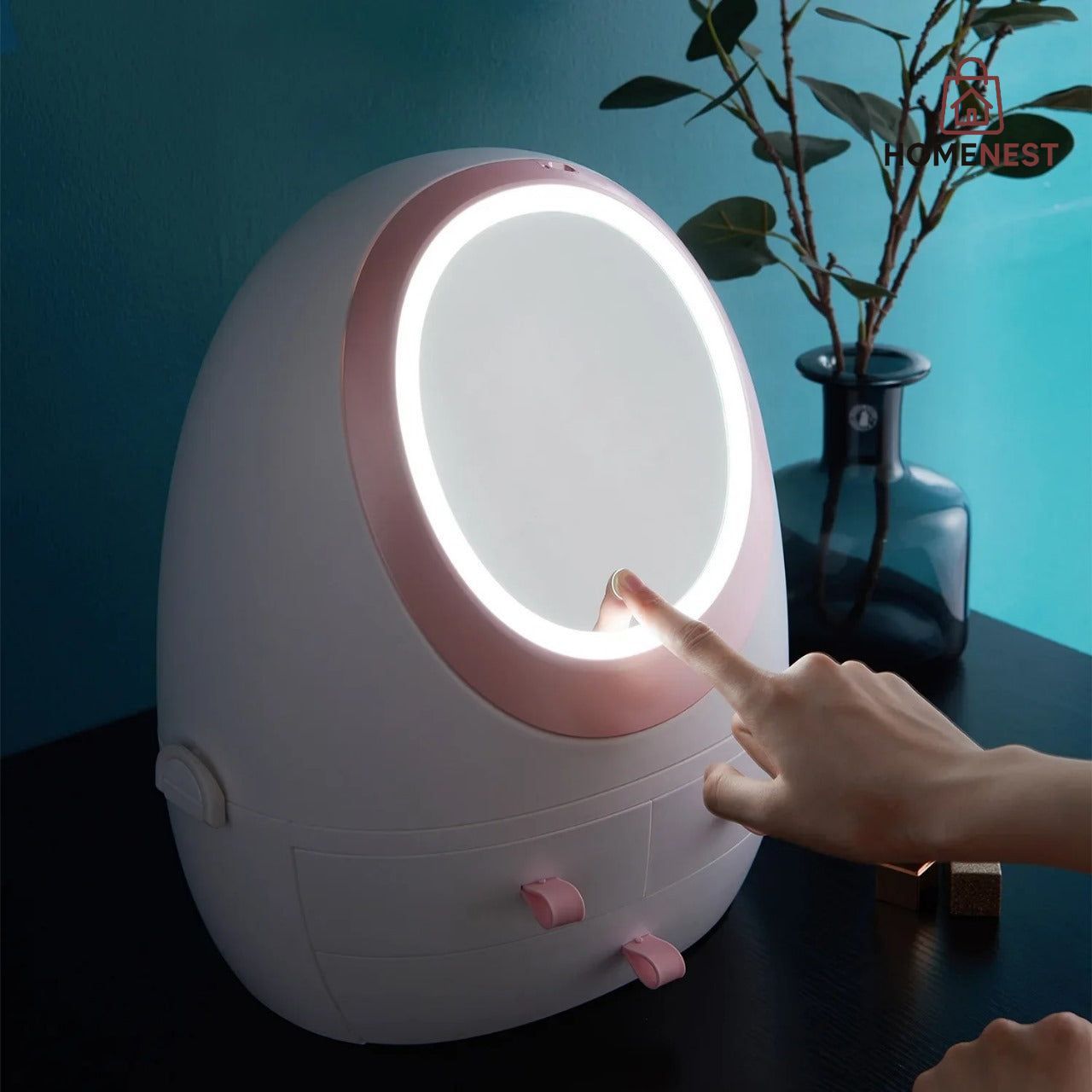 Oval Mirror Cosmetic Storage Organizer With LCD Light