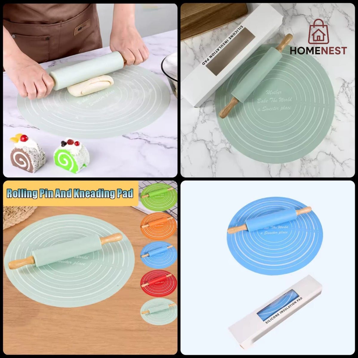 Silicone Dough Mat Rolling Pin Set (Random Colours) Box Packing