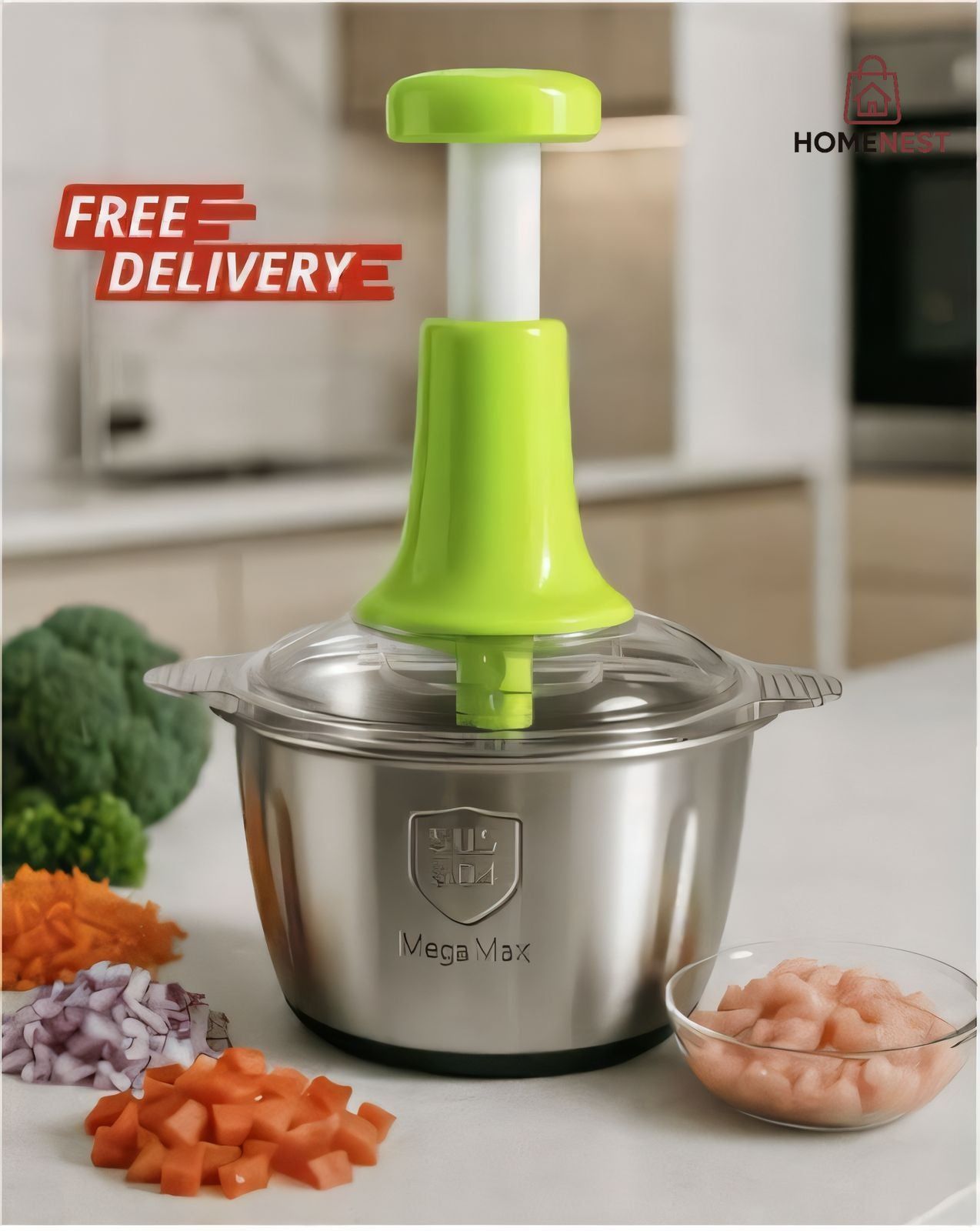 2.0Litre 4 Blades "Premium Quality" Meat and Vegetable Push Chopper with Stainless Steel Bowl